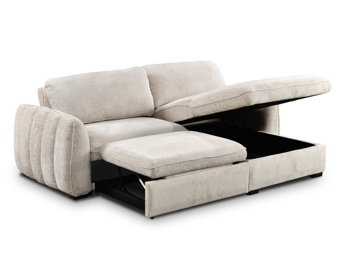 Canapé d'angle convertible et réversible avec coffre en velours chiné beige LIORA - DécoInParis