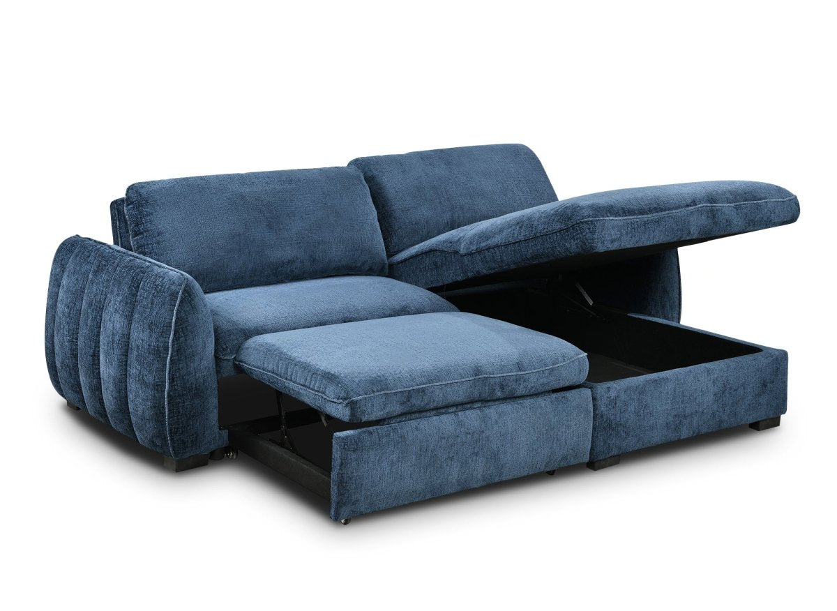 Canapé d'angle convertible et réversible avec coffre en velours chiné bleu LIORA - DécoInParis