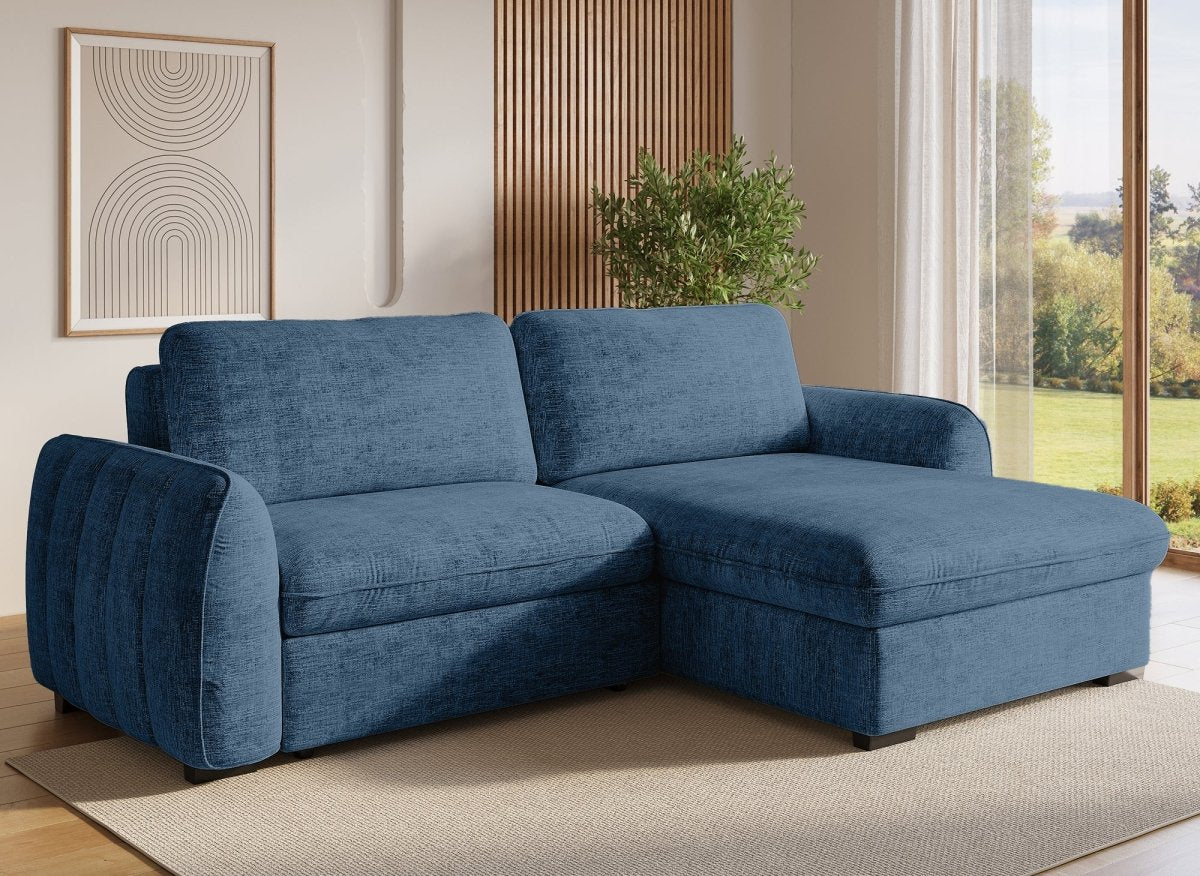 Canapé d'angle convertible et réversible avec coffre en velours chiné bleu LIORA - DécoInParis