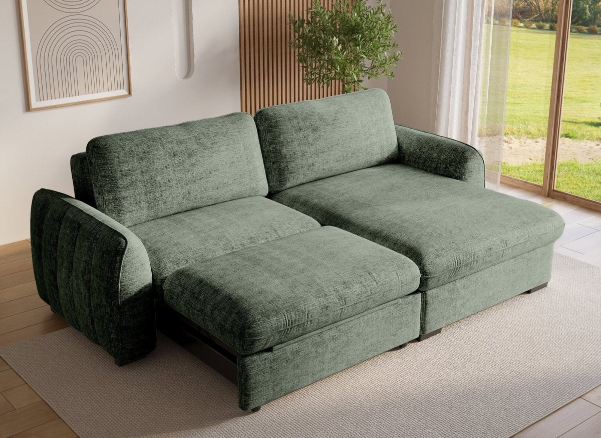 Canapé d'angle convertible et réversible avec coffre en velours chiné vert kaki LIORA - DécoInParis