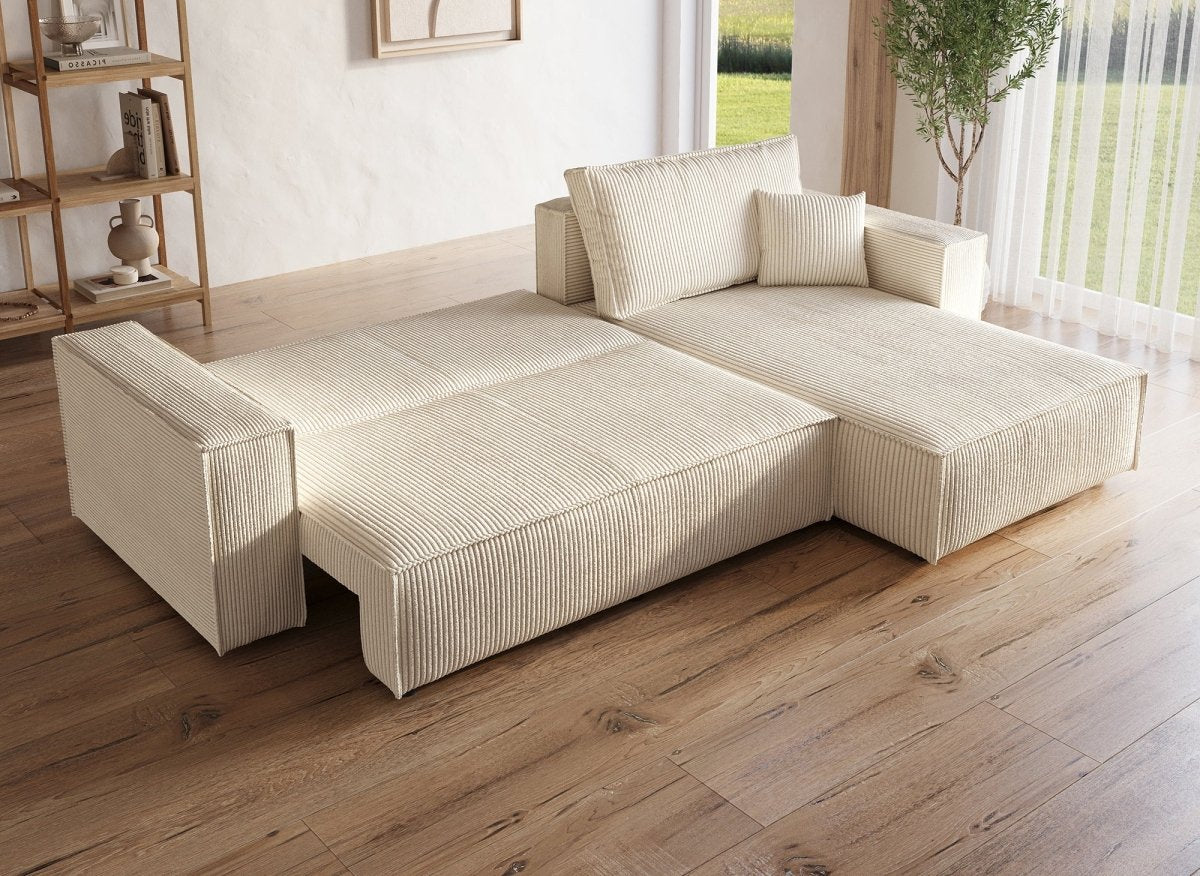 Canapé d'angle convertible et réversible avec coffre en velours cotelé beige JADE - DécoInParis