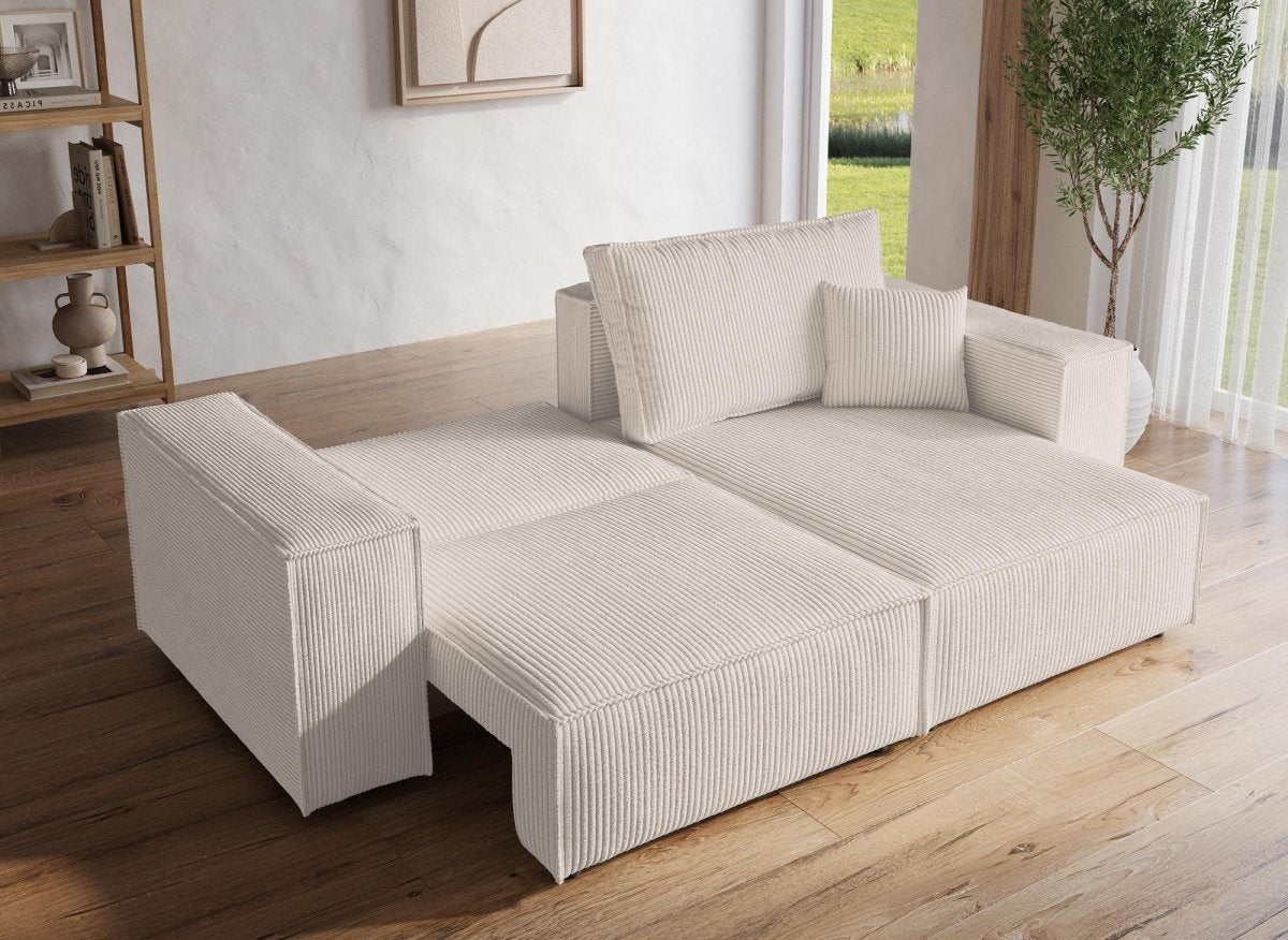 Canapé d'angle convertible et réversible avec coffre en velours côtelé beige JADE MINI - DécoInParis