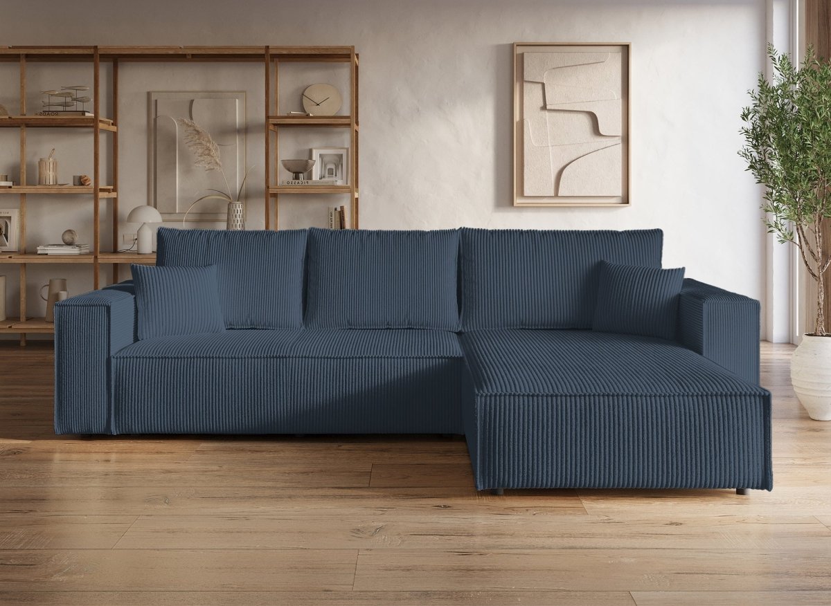 Canapé d'angle convertible et réversible avec coffre en velours cotelé bleu foncé - JADE - DécoInParis