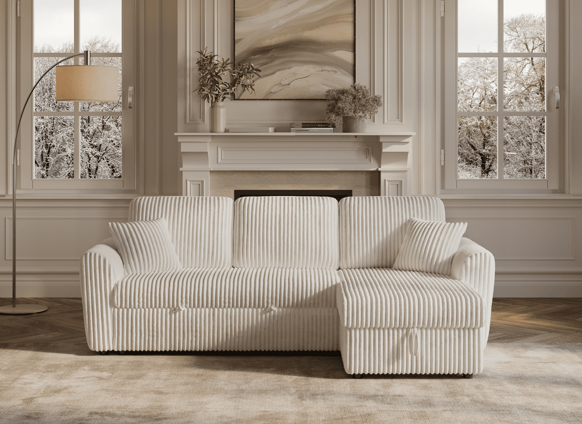 Canapé d'angle convertible et réversible avec coffre en velours côtelé épais beige ADRYEN - DécoInParis