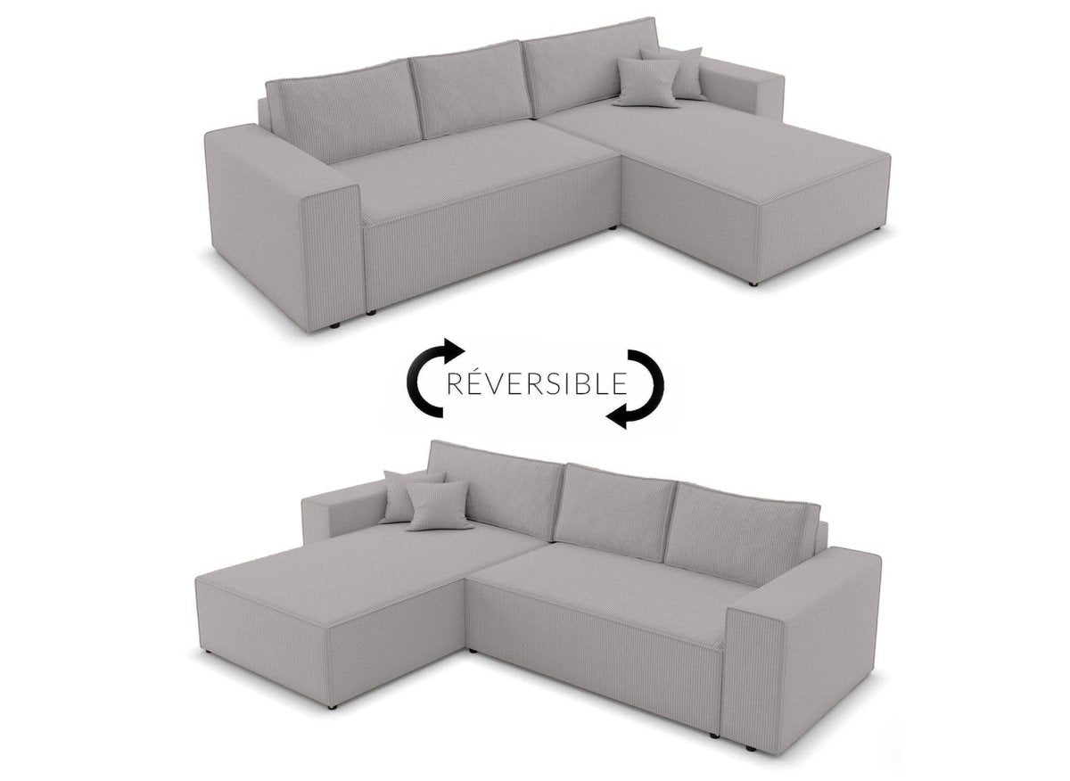 Canapé d'angle convertible et réversible avec coffre en velours cotelé gris clair - JADE - DécoInParis