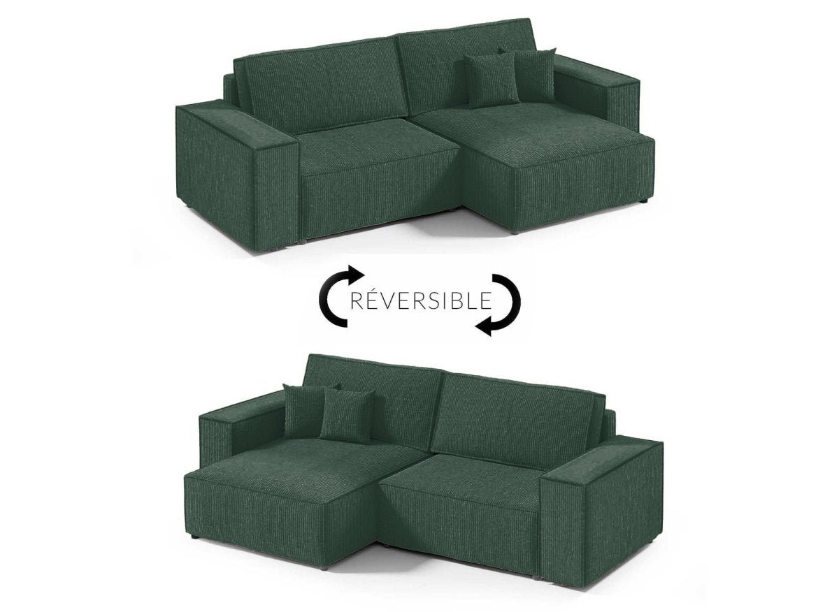 Canapé d'angle convertible et réversible avec coffre en velours côtelé vert JADE MINI - DécoInParis
