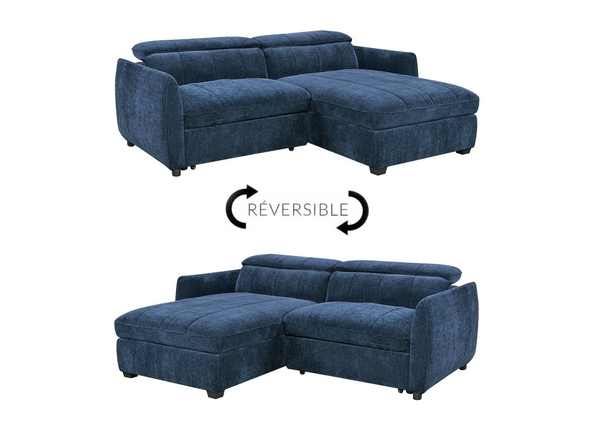 Canapé d'angle convertible et réversible avec coffre en velours tissé bleu MADALENA - DécoInParis