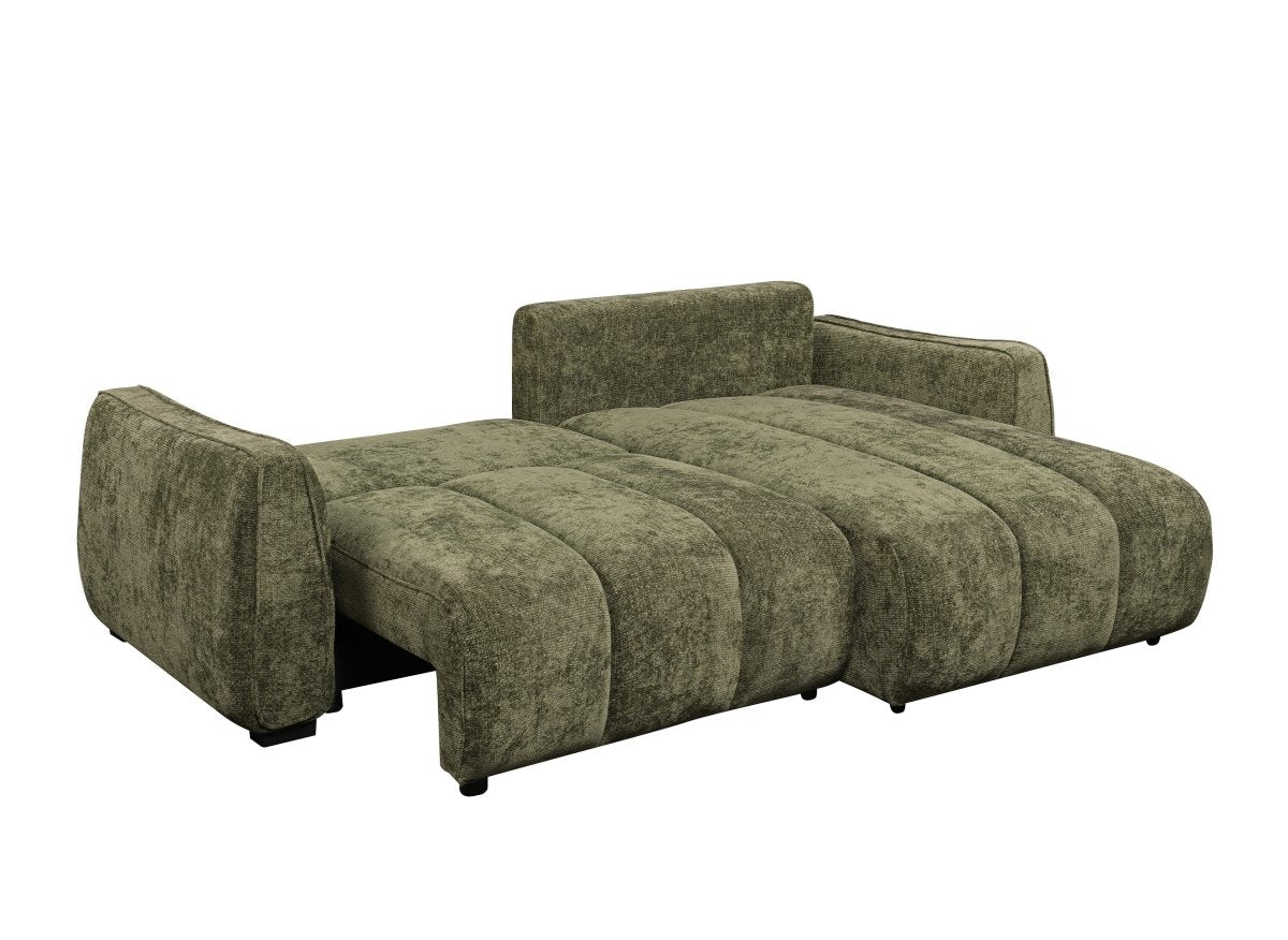 Canapé d'angle convertible et réversible avec coffres en velours texturé vert olive MAGHLA - DécoInParis