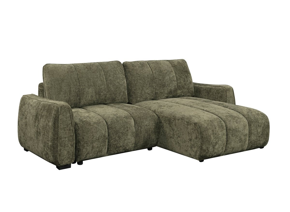 Canapé d'angle convertible et réversible avec coffres en velours texturé vert olive MAGHLA - DécoInParis