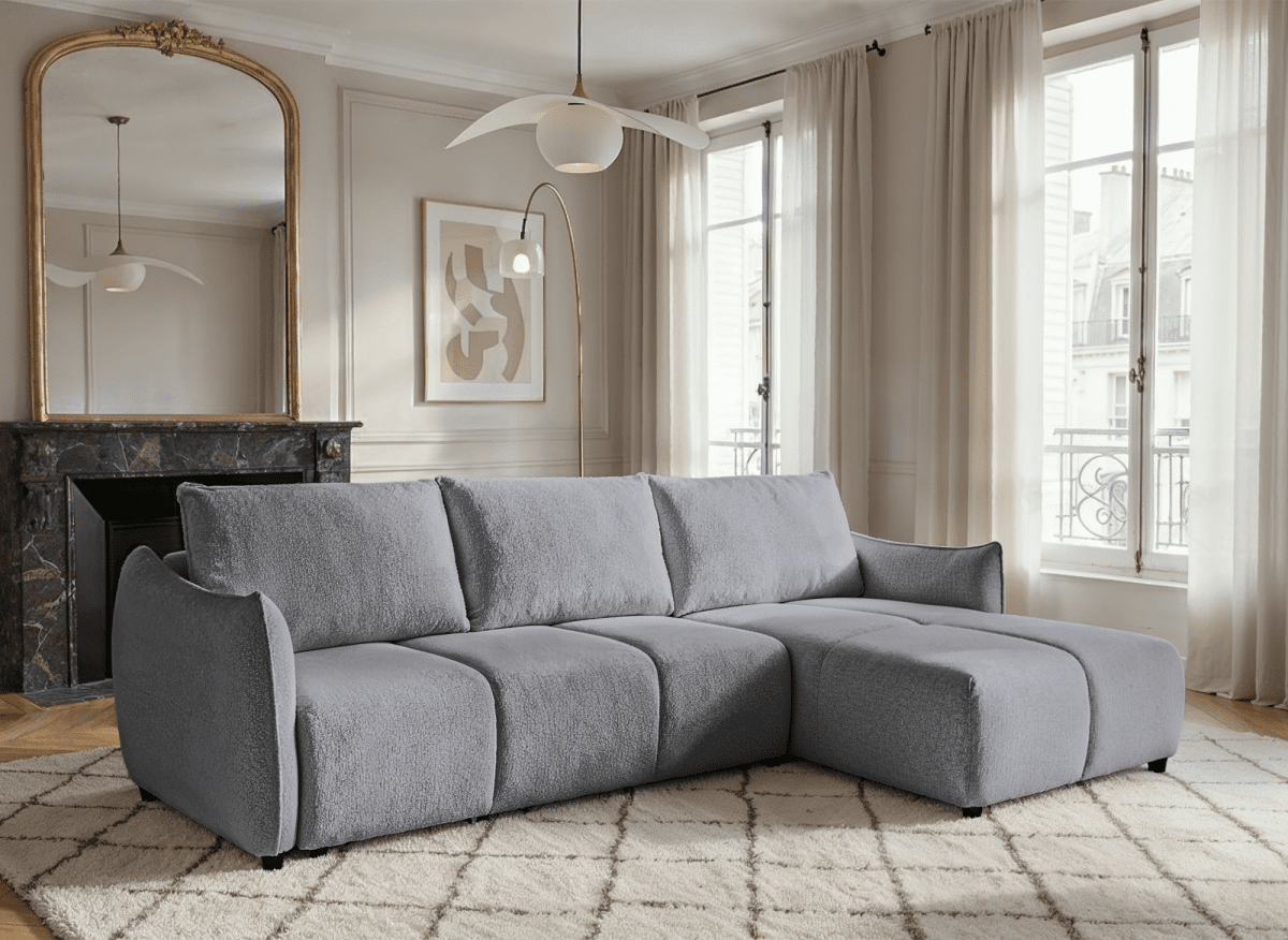 Canapé d'angle convertible et réversible en velours chiné gris MYSA - DécoInParis