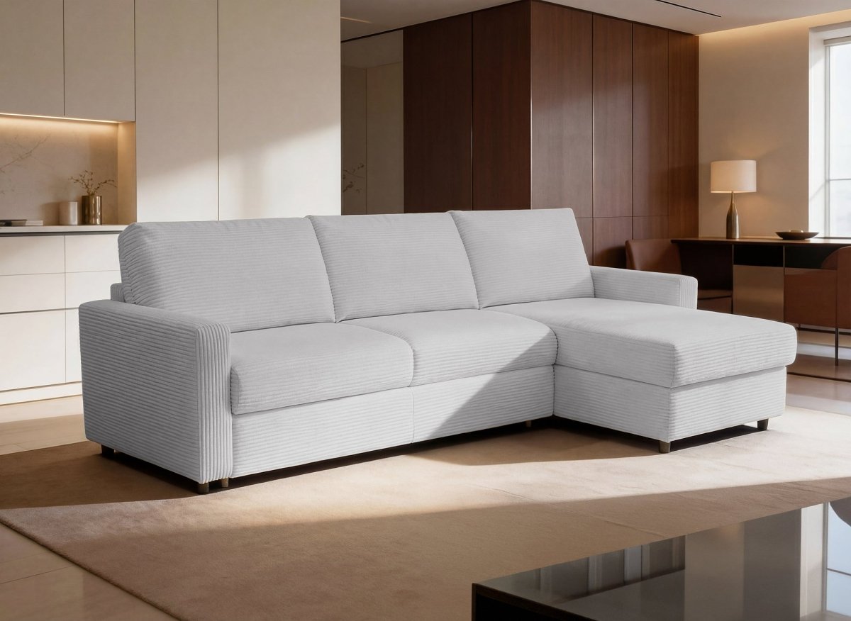 Canapé d'angle convertible et réversible ouverture express en velours chiné gris JULIETTE - DécoInParis