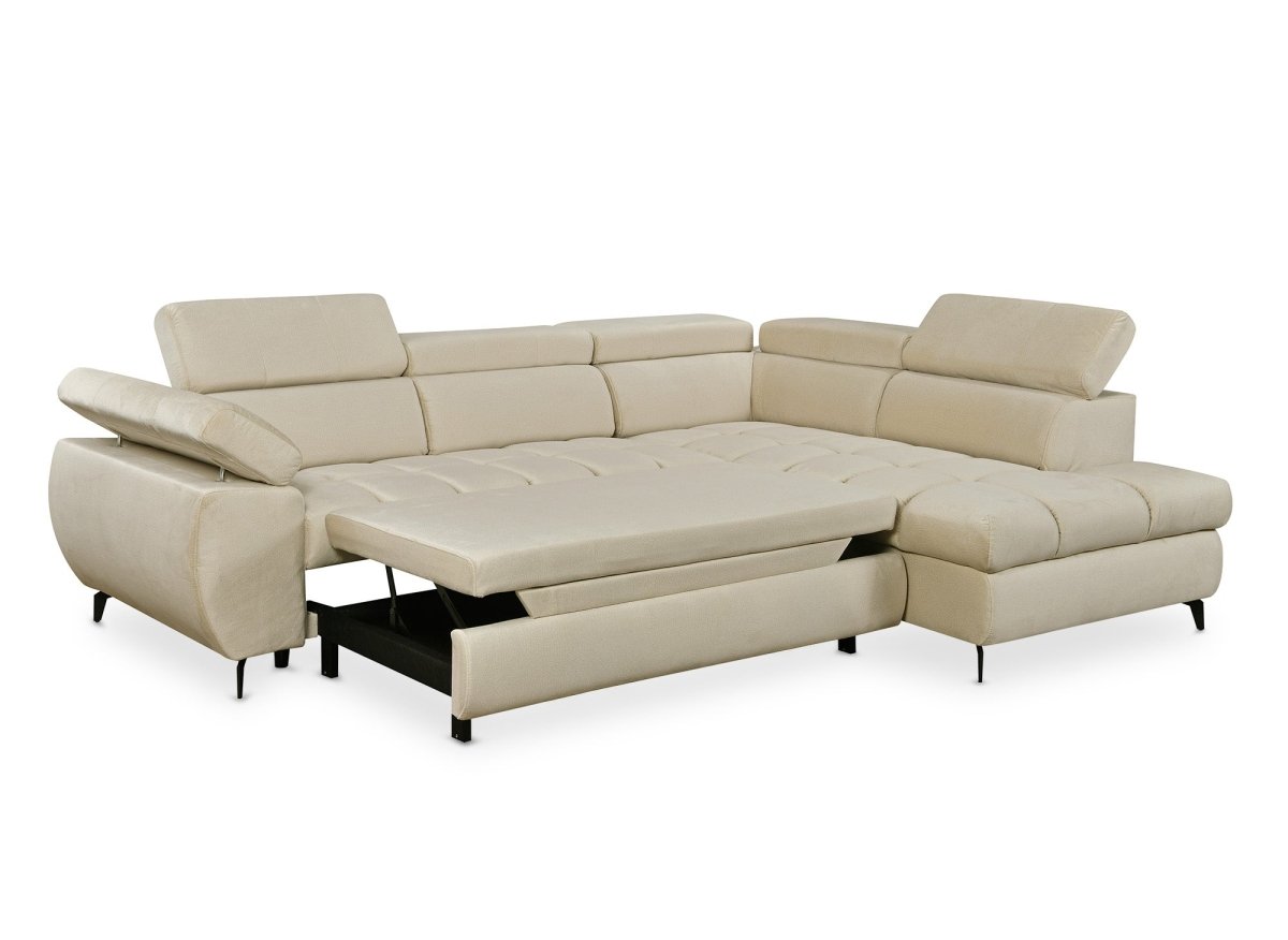 Canapé d'angle convertible matelassé avec coffre en velours beige LUCIANO - Angle droit - DécoInParis