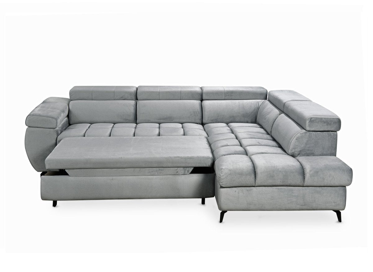 Canapé d'angle convertible matelassé avec coffre en velours gris LUCIANO - Angle droit - DécoInParis
