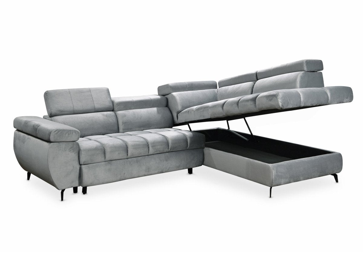 Canapé d'angle convertible matelassé avec coffre en velours gris LUCIANO - Angle droit - DécoInParis