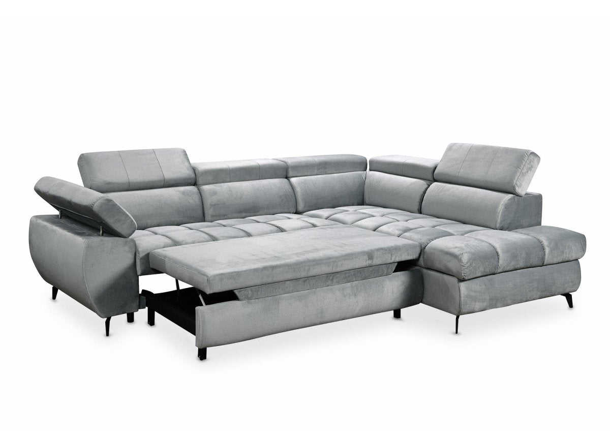 Canapé d'angle convertible matelassé avec coffre en velours gris LUCIANO - Angle droit - DécoInParis