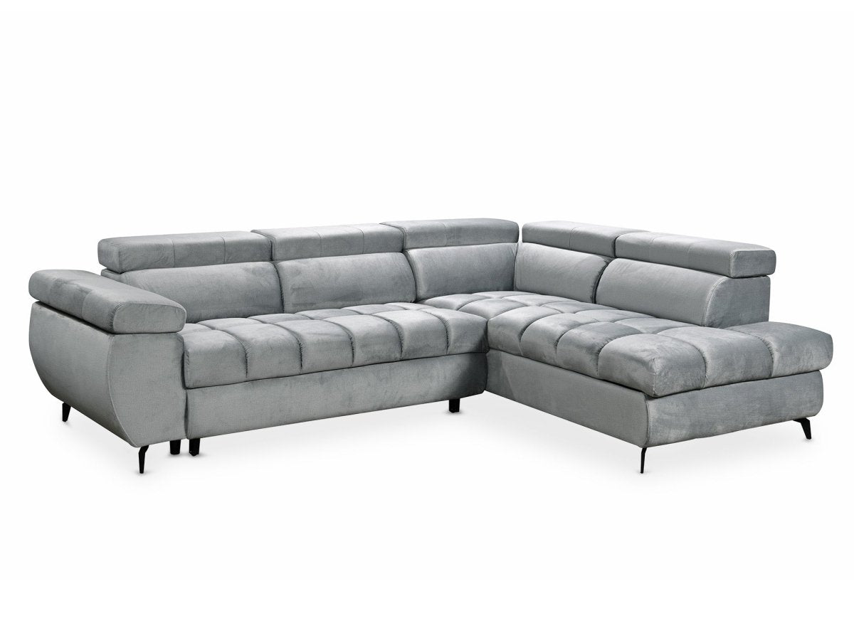 Canapé d'angle convertible matelassé avec coffre en velours gris LUCIANO - Angle droit - DécoInParis