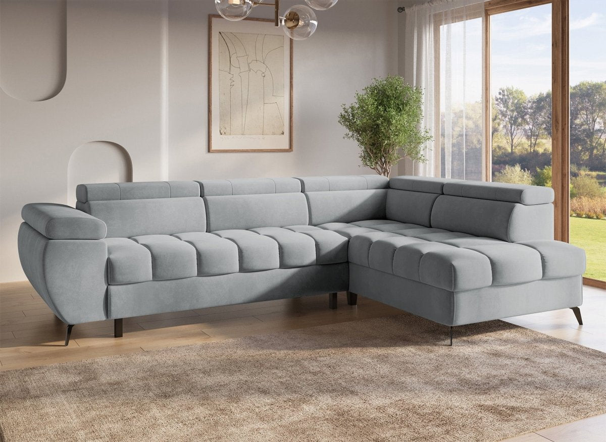 Canapé d'angle convertible matelassé avec coffre en velours gris LUCIANO - Angle droit - DécoInParis