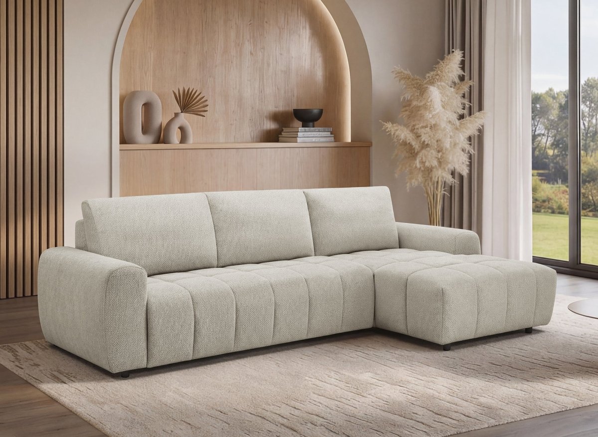 Canapé d'angle convertible ouverture express en tissu beige AGATHE - Angle droit - DécoInParis