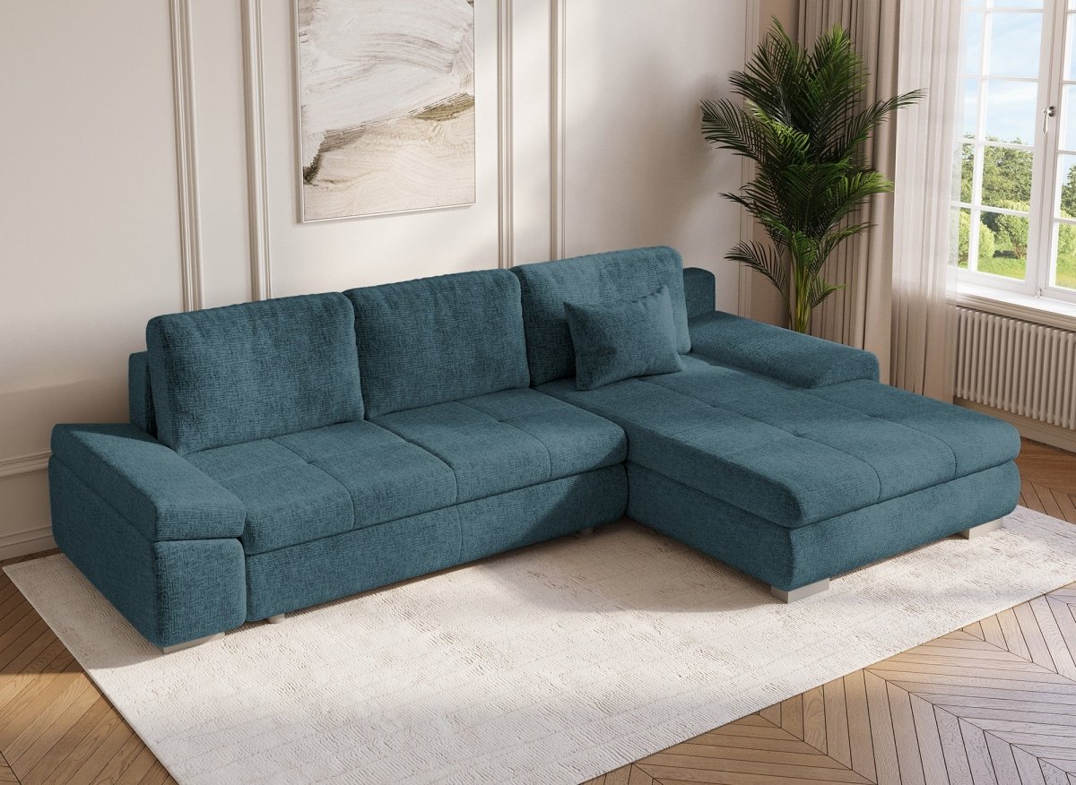 Canapé d'angle convertible réversible avec coffre en velours chiné bleu pétrole SOLEA - DécoInParis