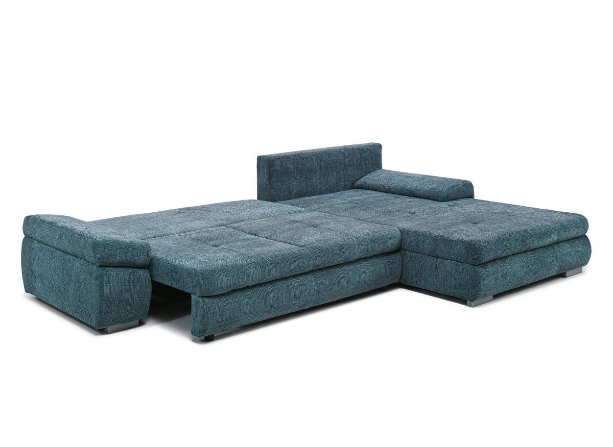 Canapé d'angle convertible réversible avec coffre en velours chiné bleu pétrole SOLEA - DécoInParis