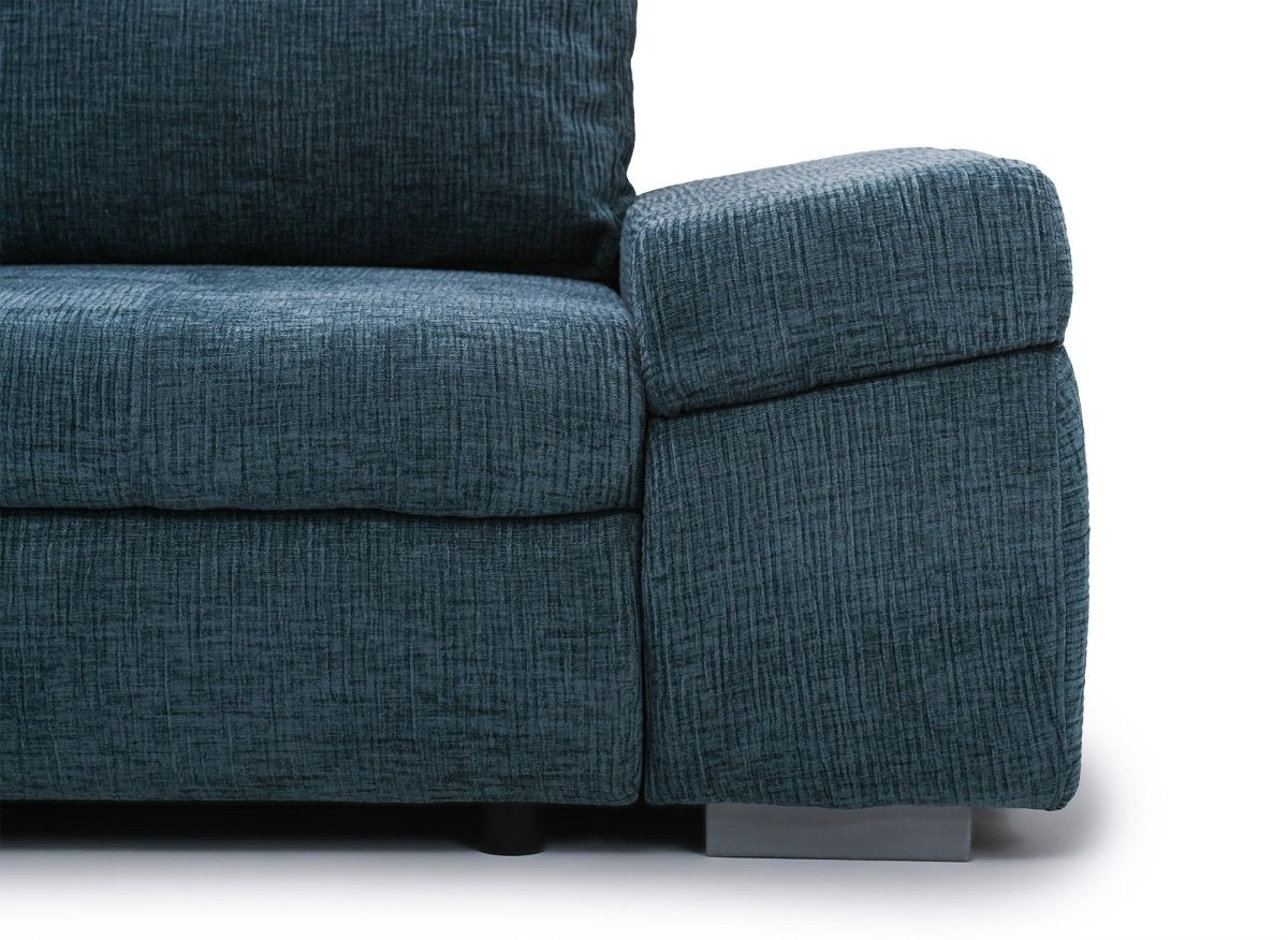 Canapé d'angle convertible réversible avec coffre en velours chiné bleu pétrole SOLEA - DécoInParis