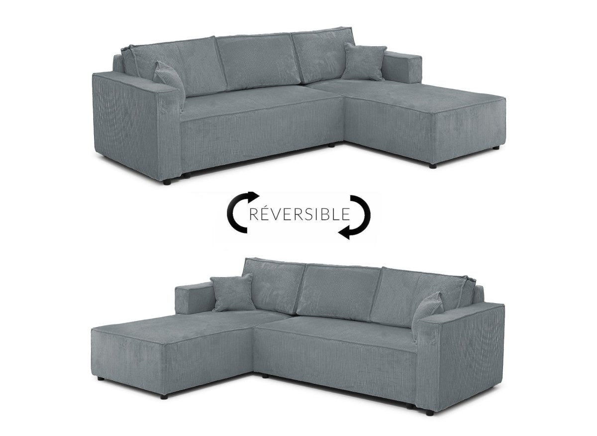 Canapé d'angle convertible réversible avec coffre en velours côtelé gris SYNA - DécoInParis
