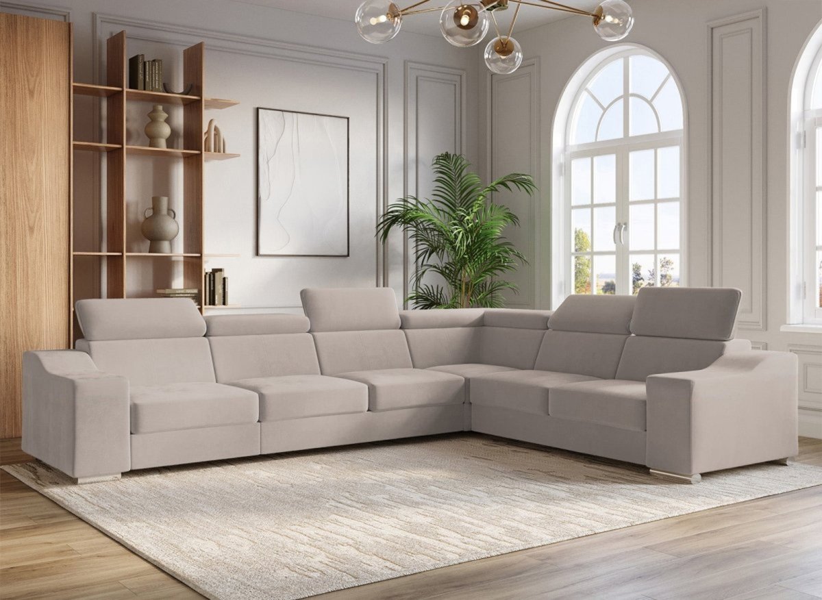 Canapé d'angle convertible réversible en velours beige LEONIE - DécoInParis