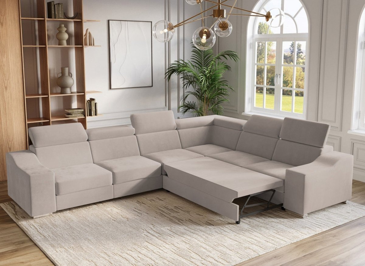 Canapé d'angle convertible réversible en velours beige LEONIE - DécoInParis