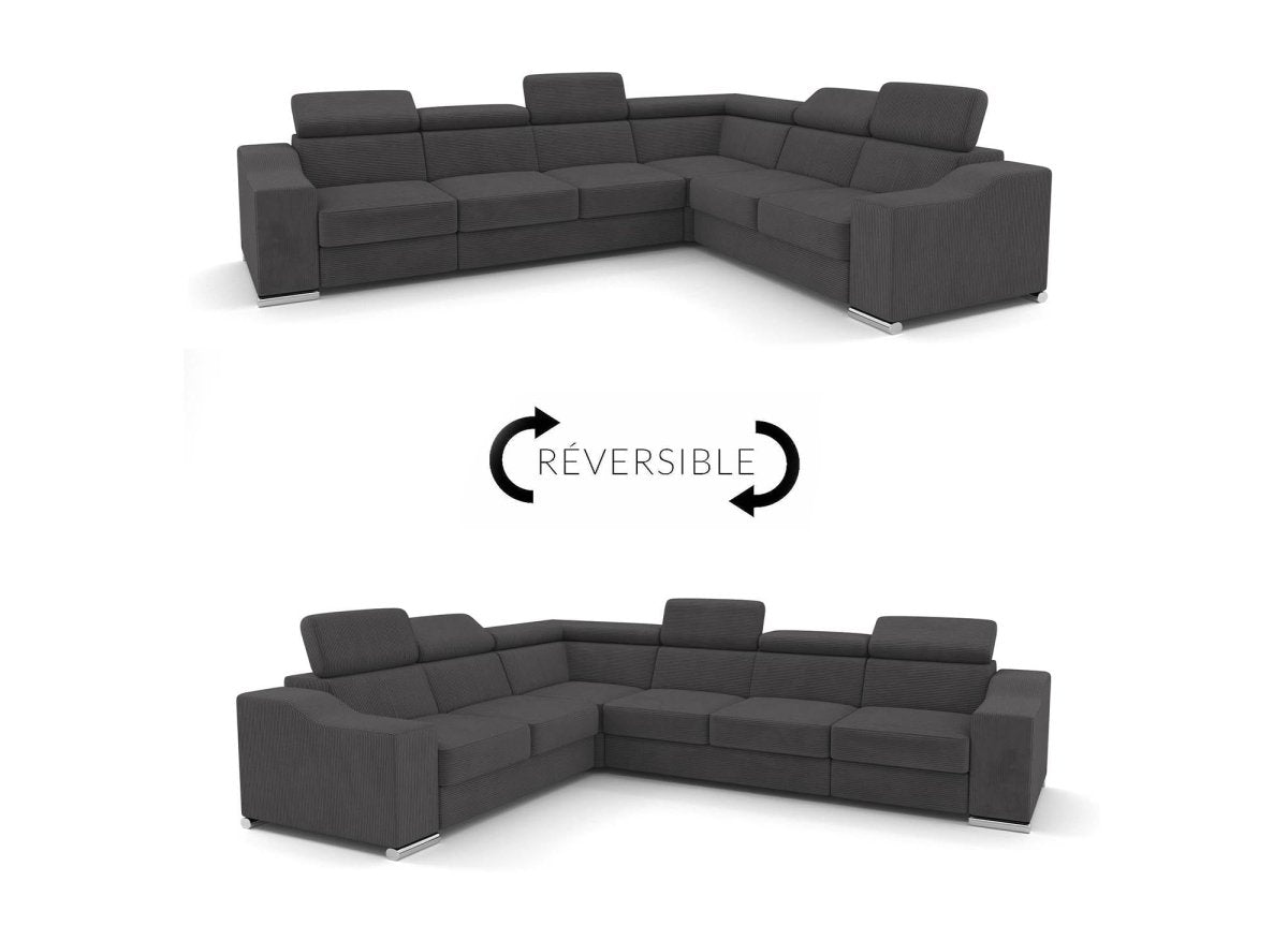 Canapé d'angle convertible réversible en velours côtelé gris anthracite LEONIE - DécoInParis