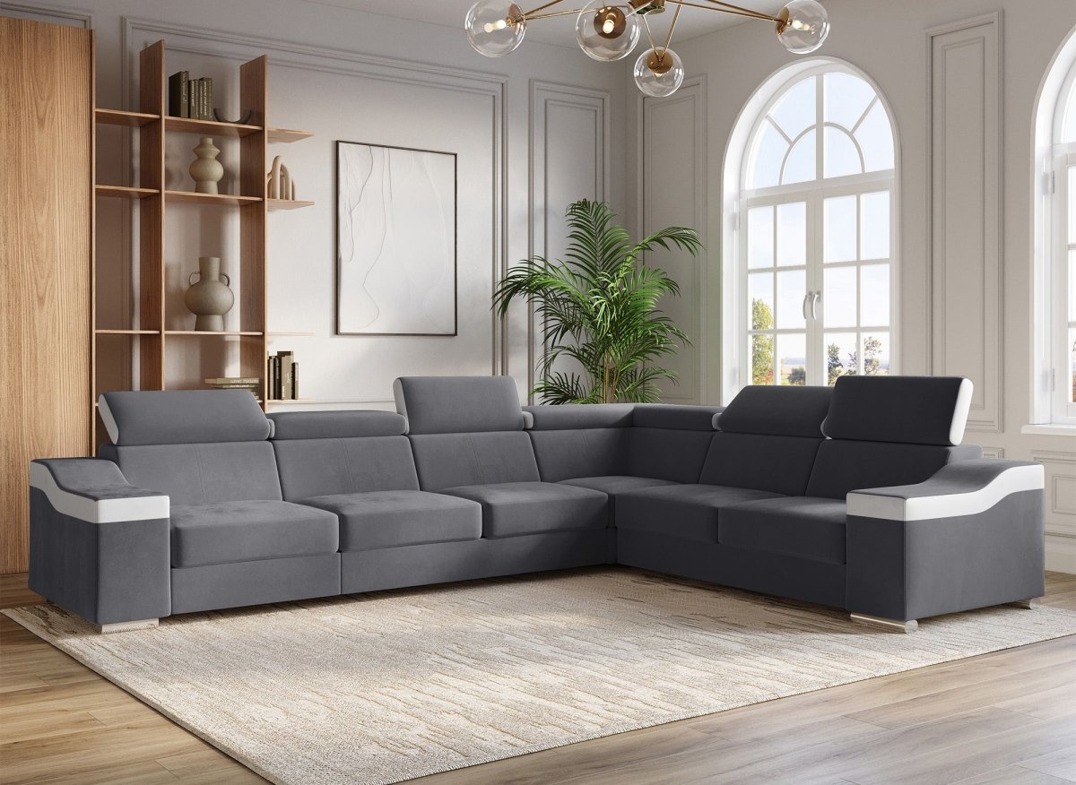 Canapé d'angle convertible réversible en velours gris et simili cuir blanc LEONIE - DécoInParis