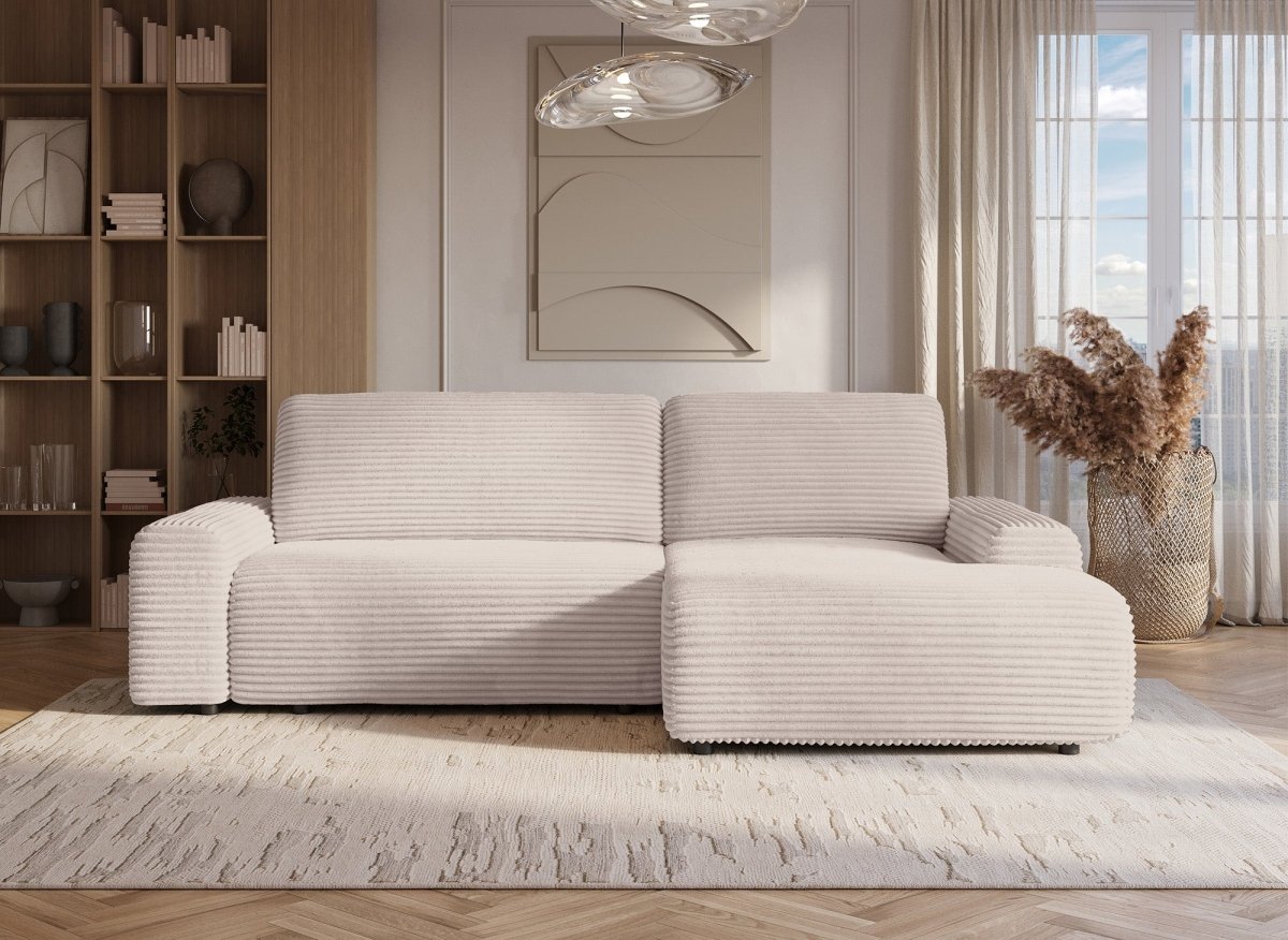 Canapé d'angle droit convertible avec coffre en velours côtelé épais beige BALI - Angle droit - DécoInParis