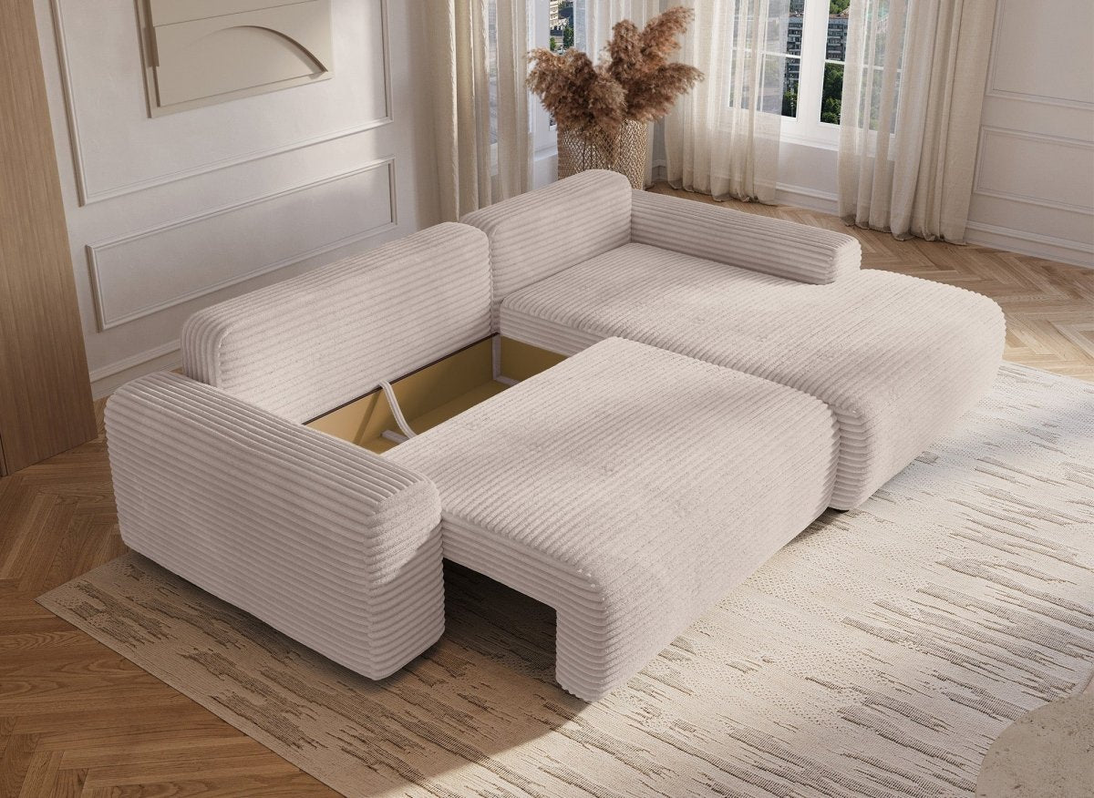 Canapé d'angle droit convertible avec coffre en velours côtelé épais beige BALI - Angle droit - DécoInParis