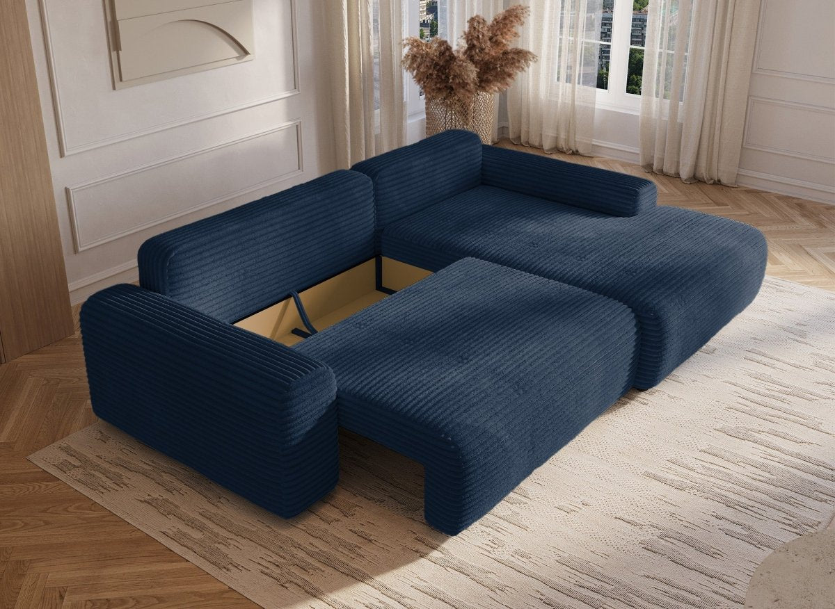 Canapé d'angle droit convertible avec coffre en velours côtelé épais bleu foncé BALI - Angle droit - DécoInParis