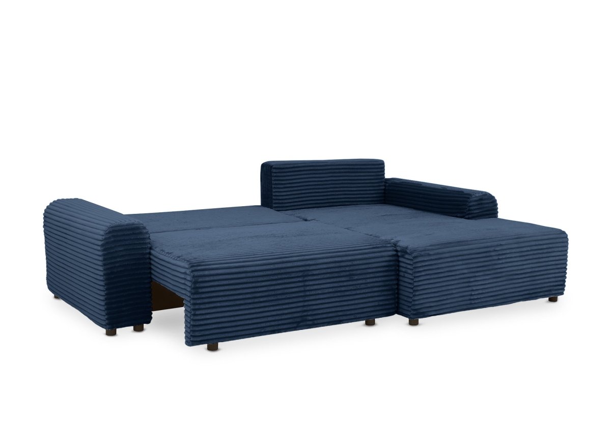 Canapé d'angle droit convertible avec coffre en velours côtelé épais bleu foncé BALI - Angle droit - DécoInParis