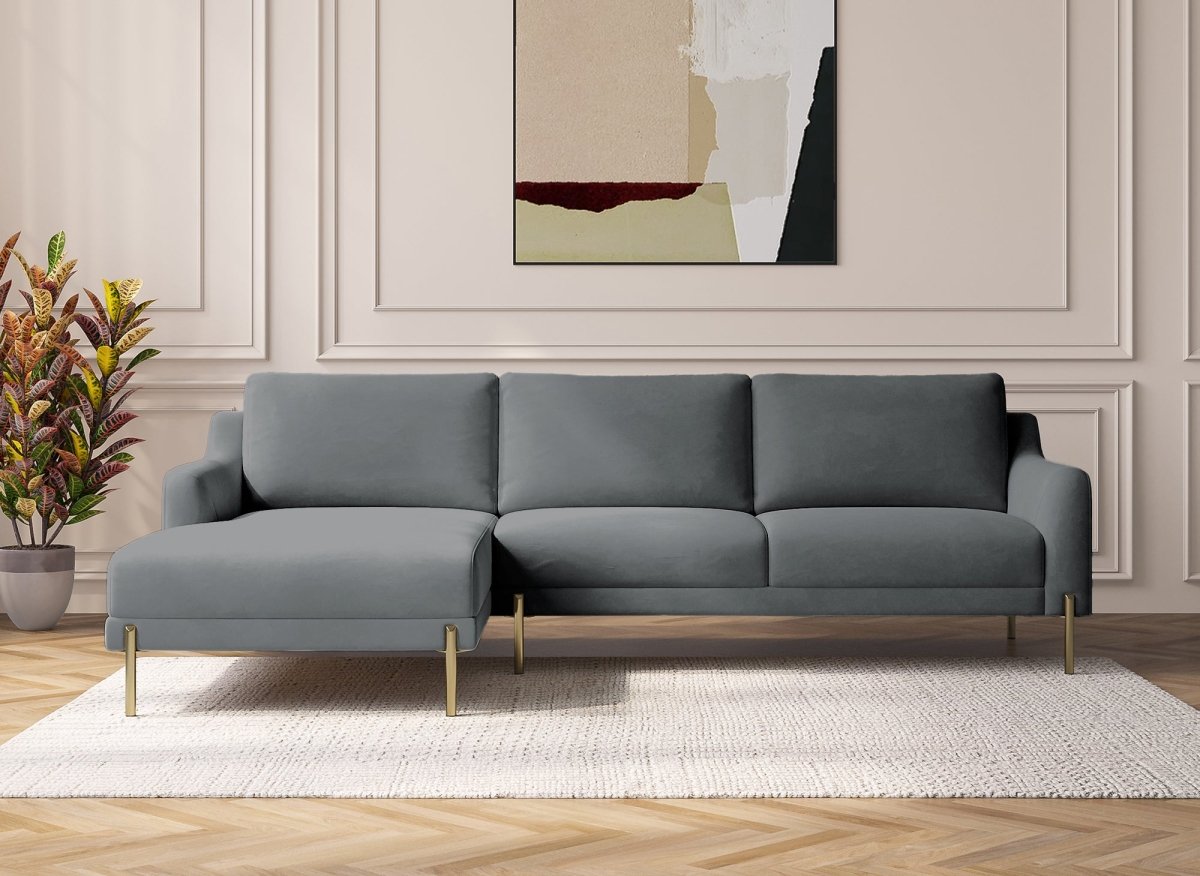 Canapé d'angle fixe avec méridienne en velours gris CELINE - Angle Gauche - DécoInParis