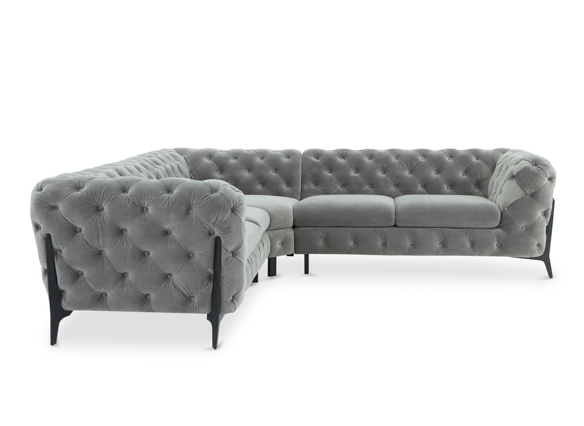 Canapé d'angle fixe capitonné chesterfield velours gris CARMEN - DécoInParis