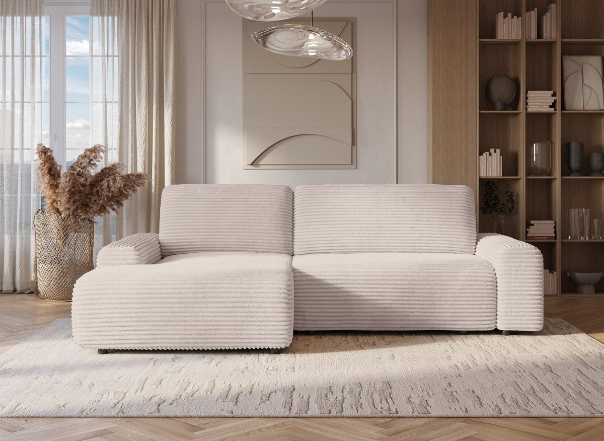 Canapé d'angle gauche convertible avec coffre en velours côtelé épais beige BALI - Angle gauche - DécoInParis