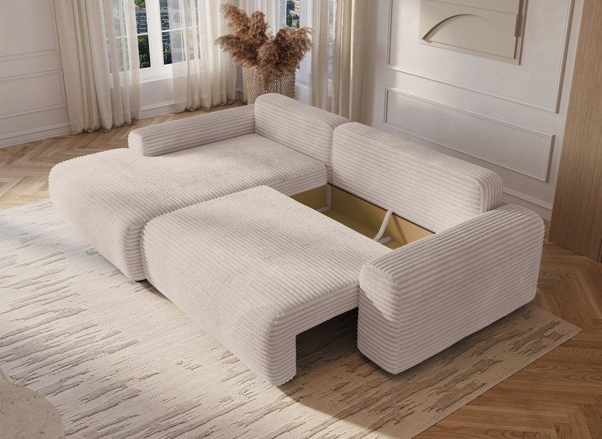 Canapé d'angle gauche convertible avec coffre en velours côtelé épais beige BALI - Angle gauche - DécoInParis