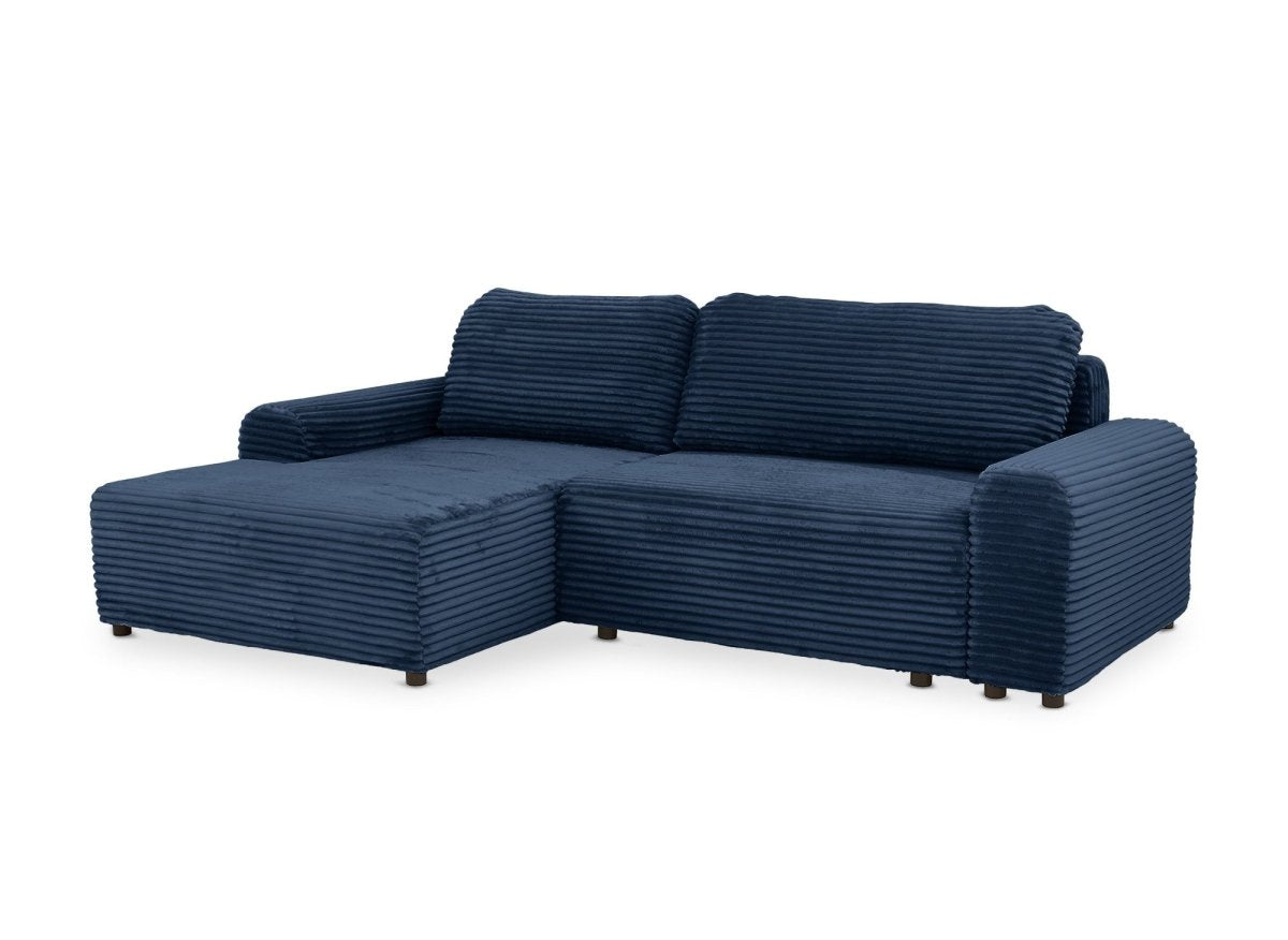 Canapé d'angle gauche convertible avec coffre en velours côtelé épais bleu foncé BALI - Angle gauche - DécoInParis