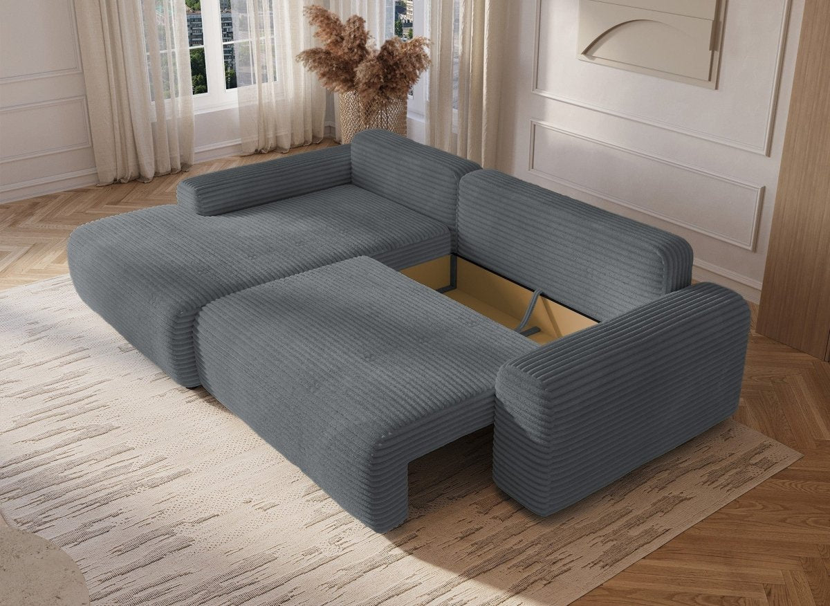 Canapé d'angle gauche convertible avec coffre en velours côtelé épais gris foncé BALI - Angle gauche - DécoInParis