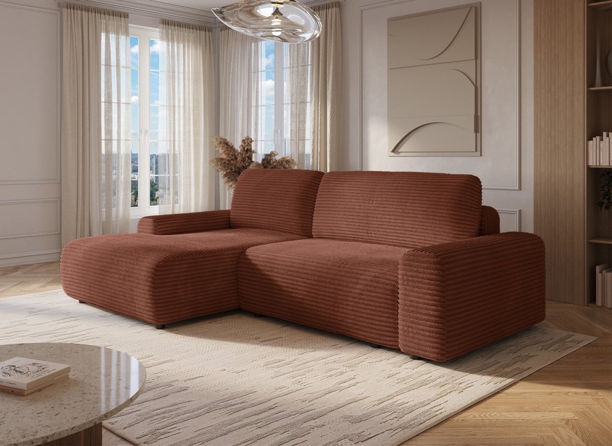 Canapé d'angle gauche convertible avec coffre en velours côtelé épais terracotta BALI - Angle gauche - DécoInParis