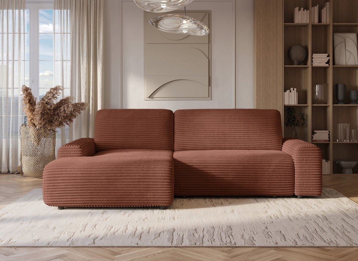 Canapé d'angle gauche convertible avec coffre en velours côtelé épais terracotta BALI - Angle gauche - DécoInParis