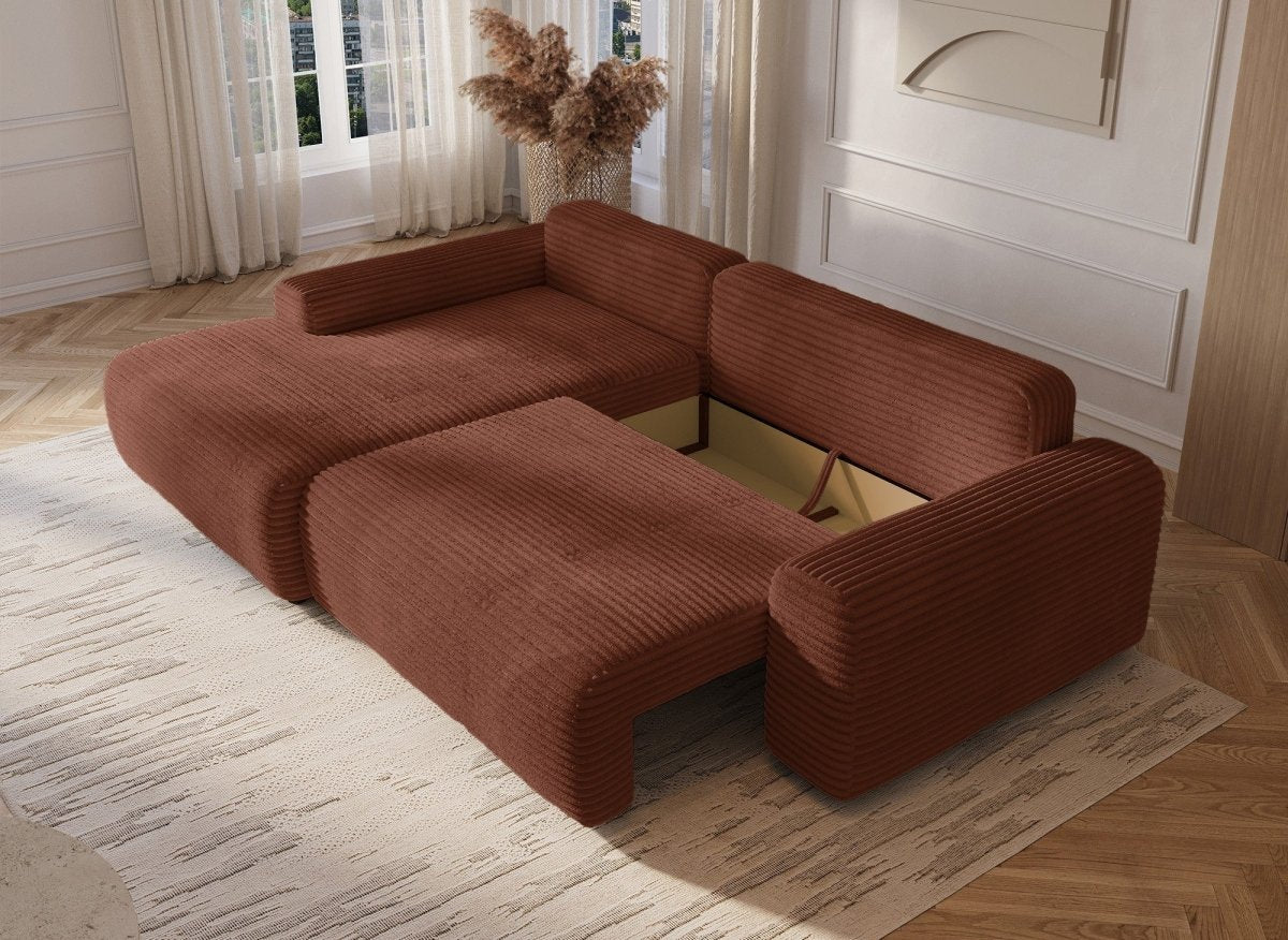Canapé d'angle gauche convertible avec coffre en velours côtelé épais terracotta BALI - Angle gauche - DécoInParis