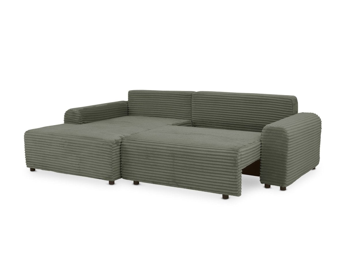 Canapé d'angle gauche convertible avec coffre en velours côtelé épais vert kaki BALI - Angle gauche - DécoInParis