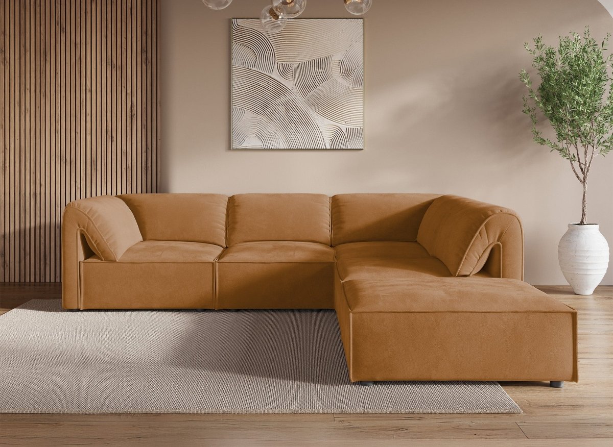 Canapé d'angle modulable en velours moutarde HARINA - DécoInParis