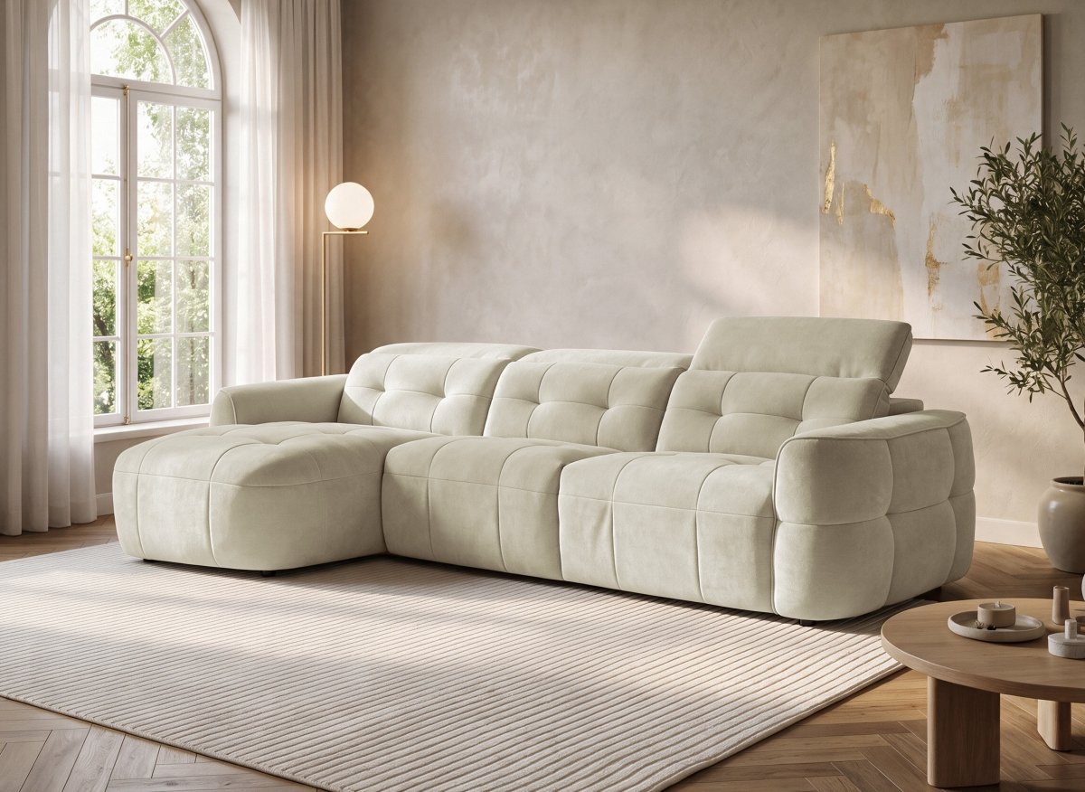 Canapé d'angle relax électrique en tissu beige FERDINAND - Angle gauche - DécoInParis