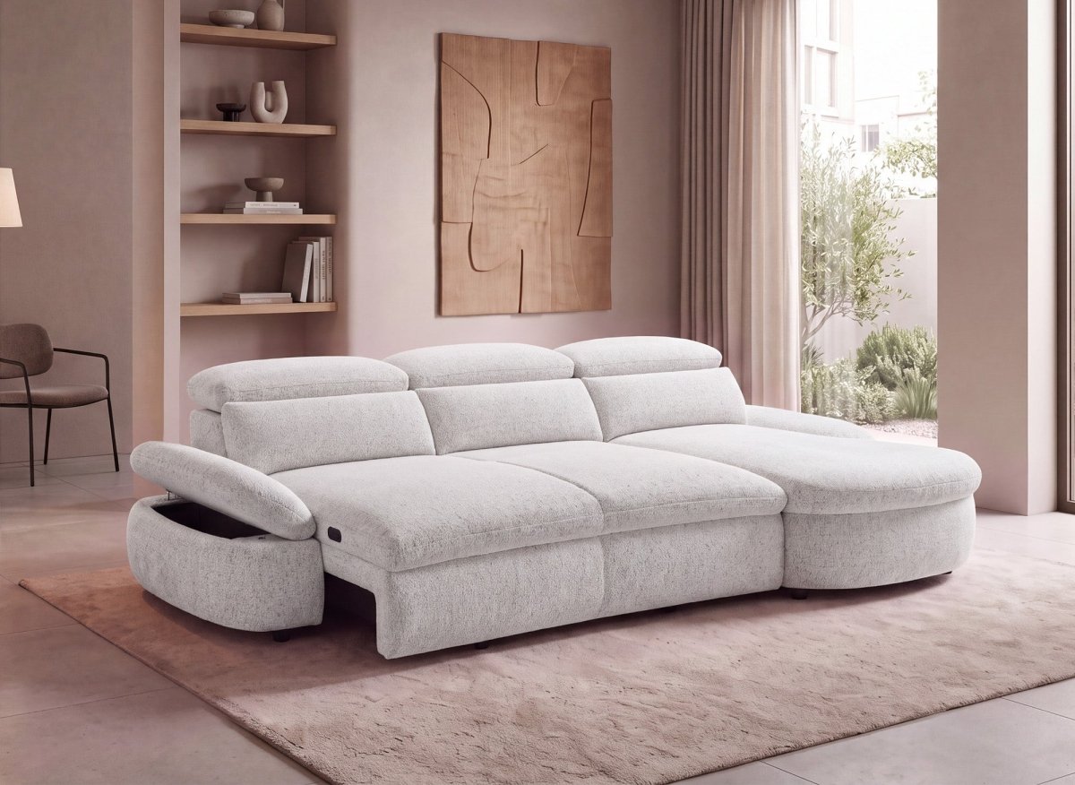 Canapé d'angle relax électrique en tissu bouclette beige CLEMENT - Angle droit - DécoInParis