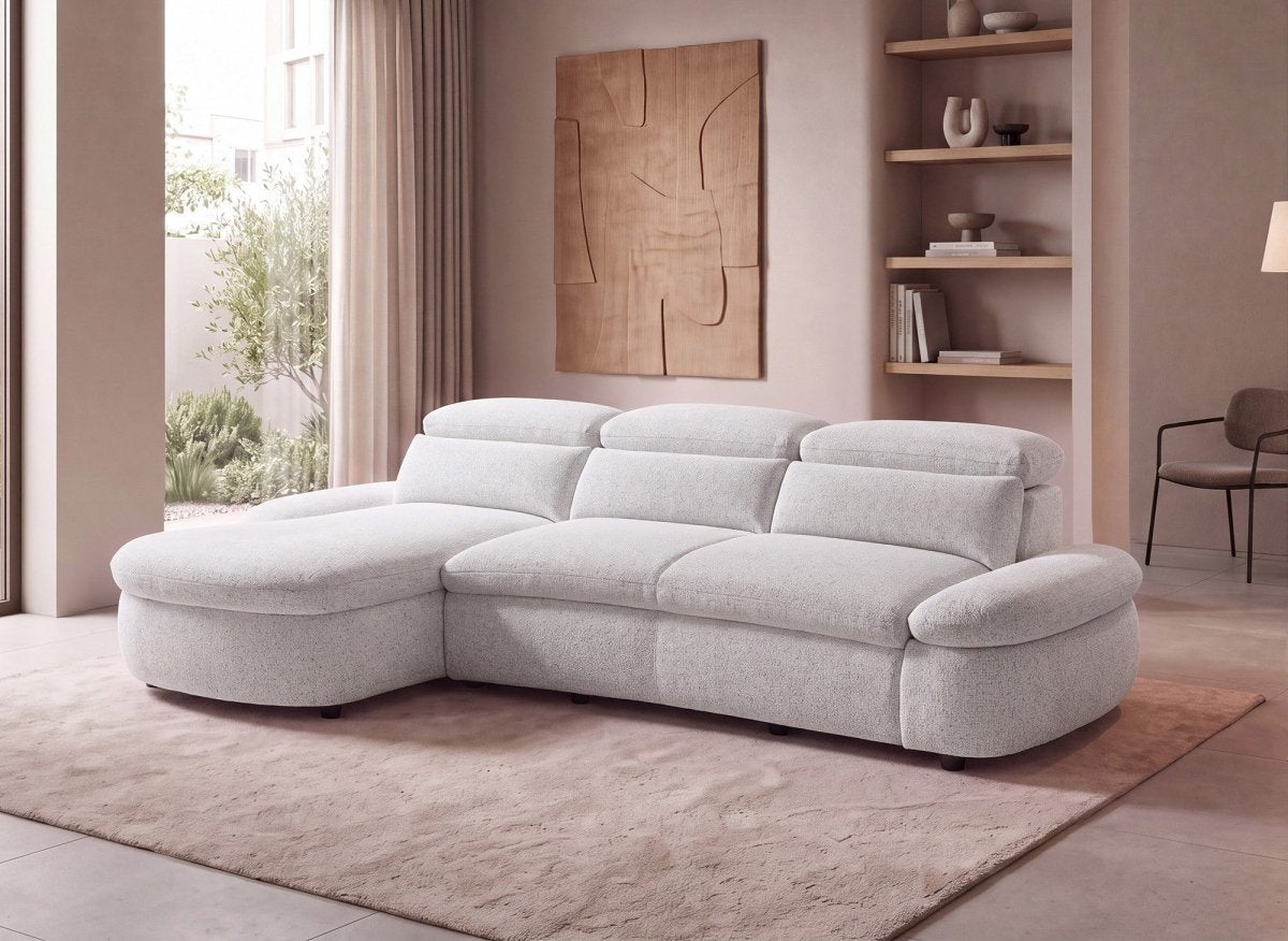 Canapé d'angle relax électrique en tissu bouclette beige CLEMENT - Angle gauche - DécoInParis