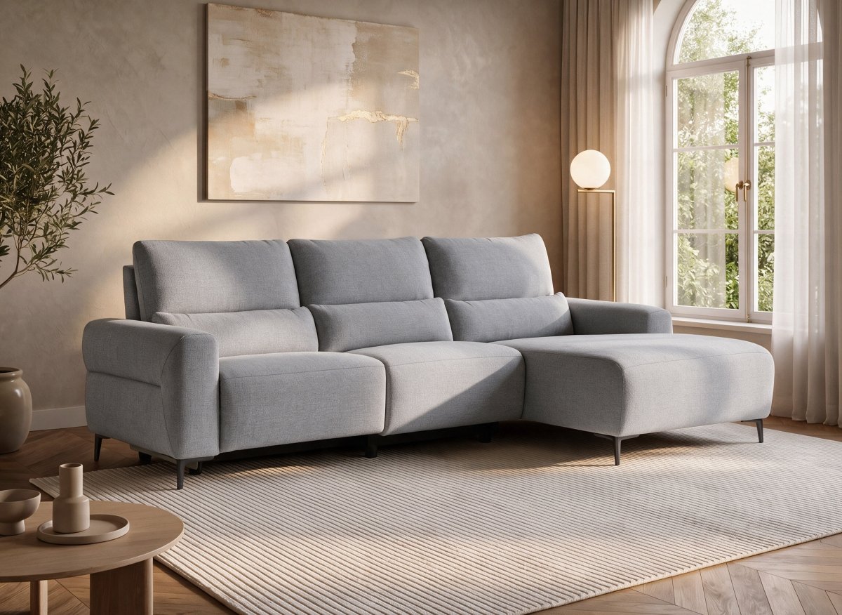 Canapé d'angle relax électrique en tissu gris clair RAFAELA - Angle droit - DécoInParis