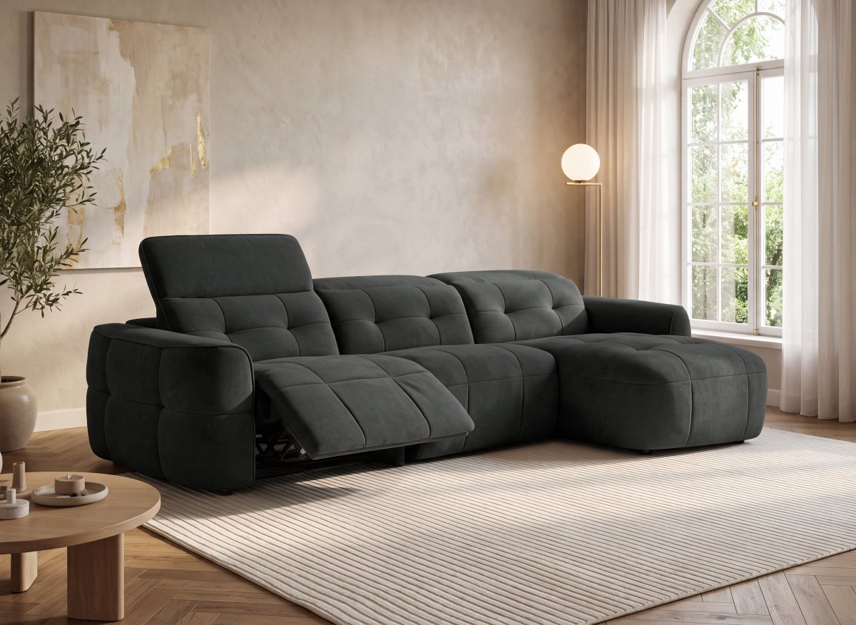 Canapé d'angle relax électrique en tissu gris FERDINAND - Angle droit - DécoInParis